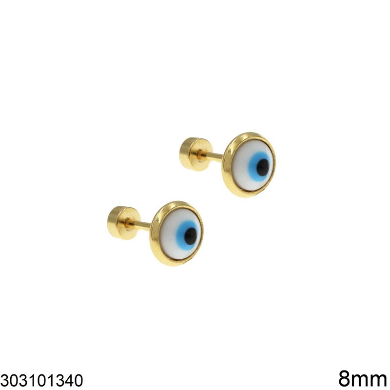 Σκουλαρίκια Ατσάλινα Τάπα με Μάτι Murano 8mm, Χρυσό