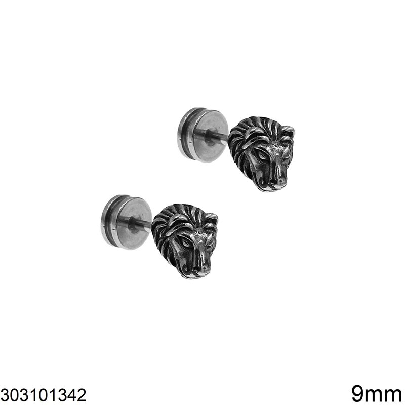 Σκουλαρίκια Ατσάλινα Τάπα με Κεφάλι Λιονταριού 9mm, Οξυντέ