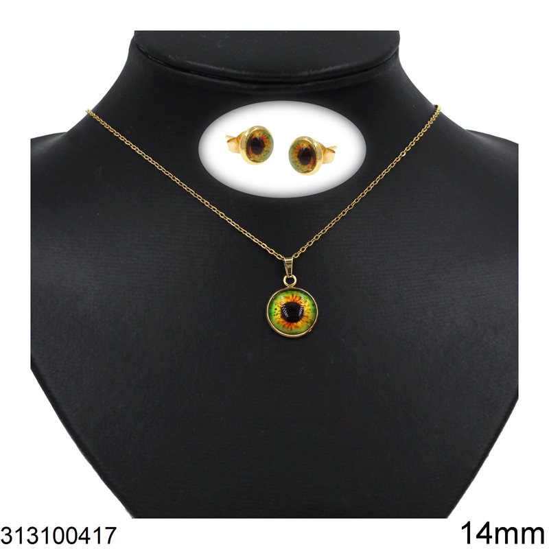 Stainless Steel Set of Necklace & Earrings 14mm Green Eyes , Gold