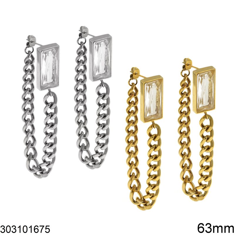 Stainless Steel Stud Earrings with Rectangular Stone and Gourmette Chain 63mm
