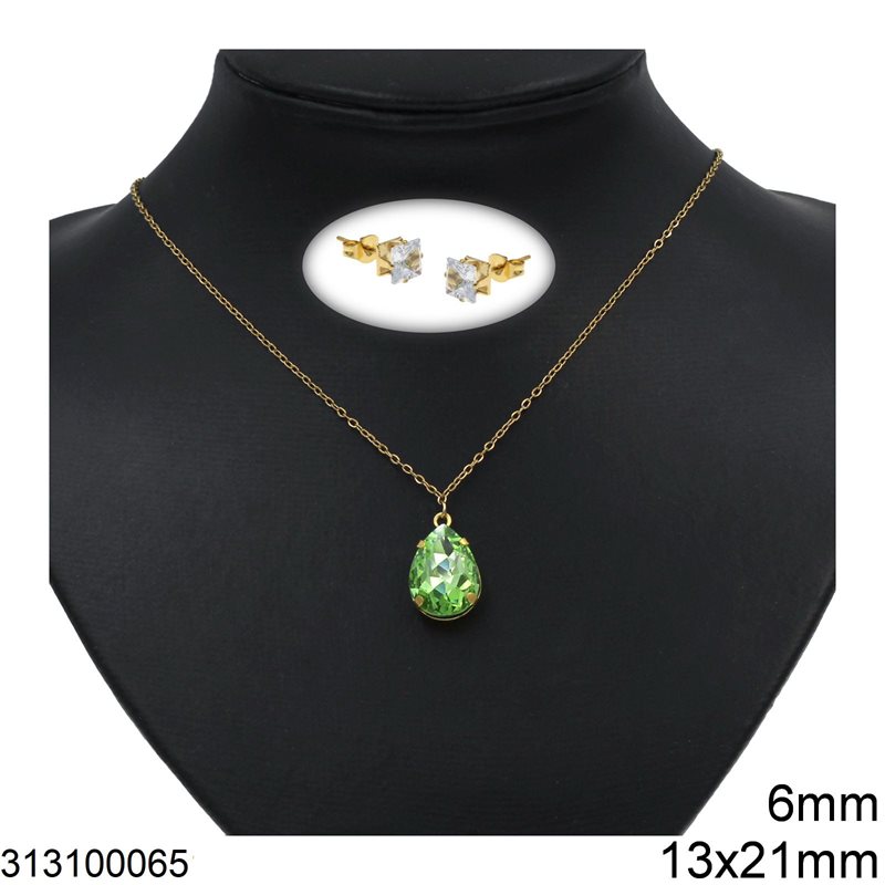Stainless Steel Set of Pearshape Necklace Peridot 13x21mm & Stud Earrings with Square Stone 6mm