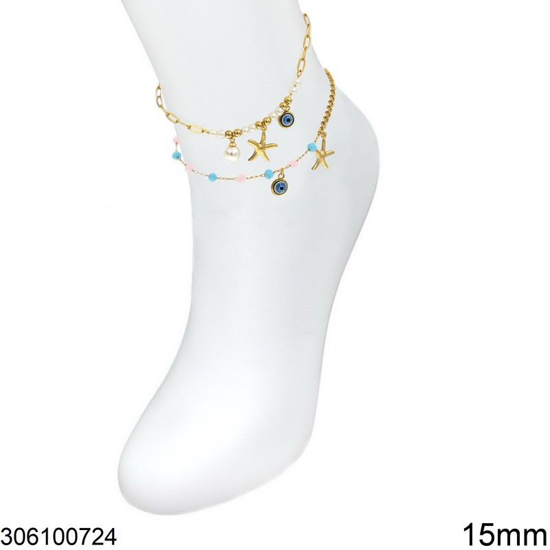 Stainless Steel Anklet with Starfish 15mm and Evil Eye 8mm