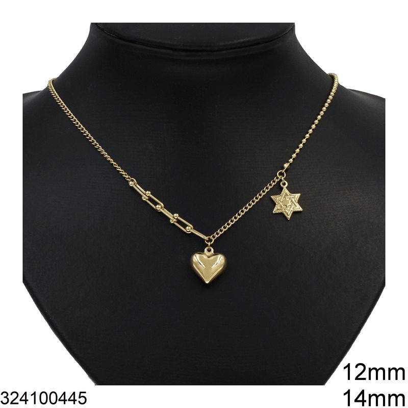 Stainless Steel Necklace with Heart 14mm and Star 12mm, Gold