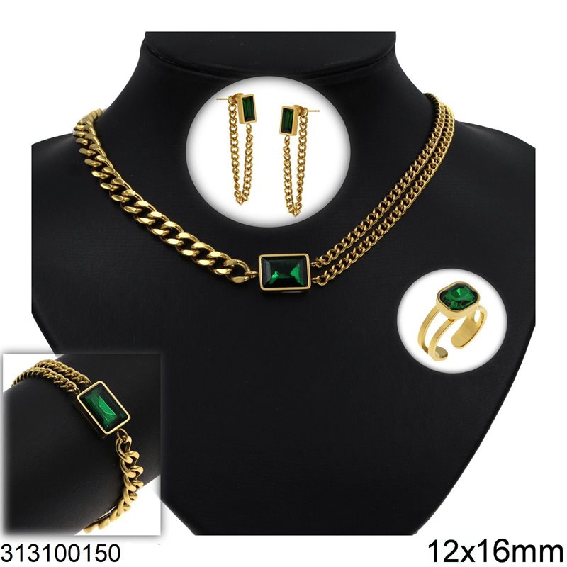 Stainless Steel Set of Necklace & Bracelet with Rectangular Stone 12x16mm, Earrings 7x12mm & Ring 10x12mm