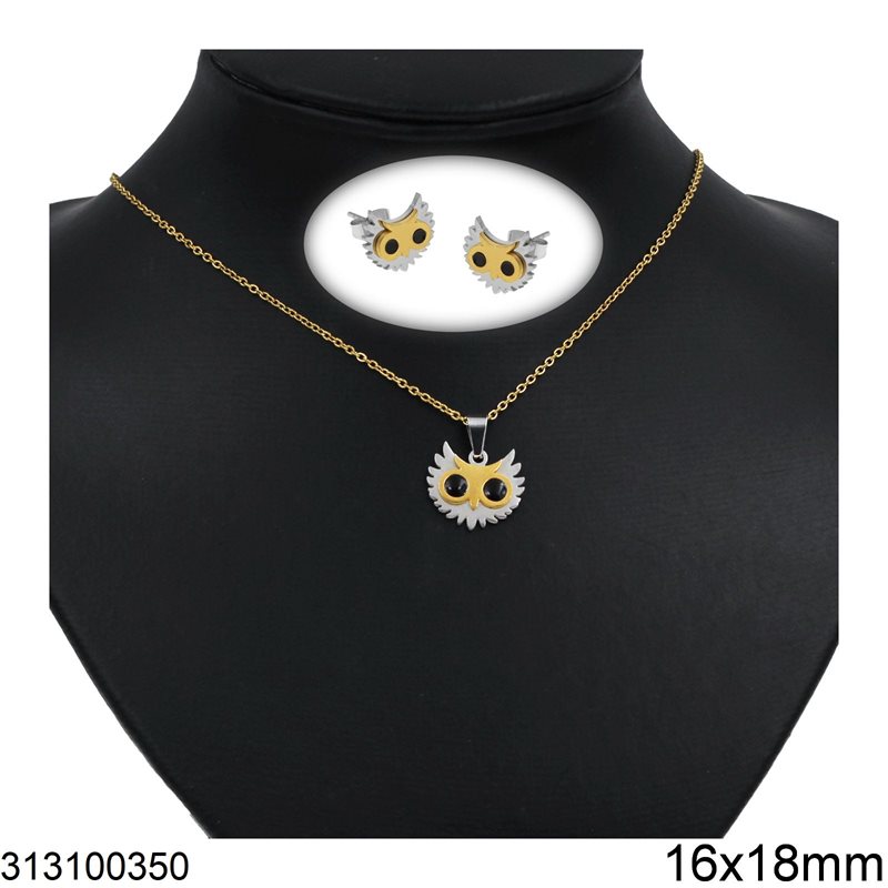 Stainless Steel Set of Necklace 16x18mm & Stud Earrings 10x12mm Owl 