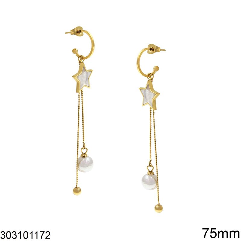 Stainless Steel Stud Earrings with Hanging Star 13mm and Pearl 7mm 75mm, Gold