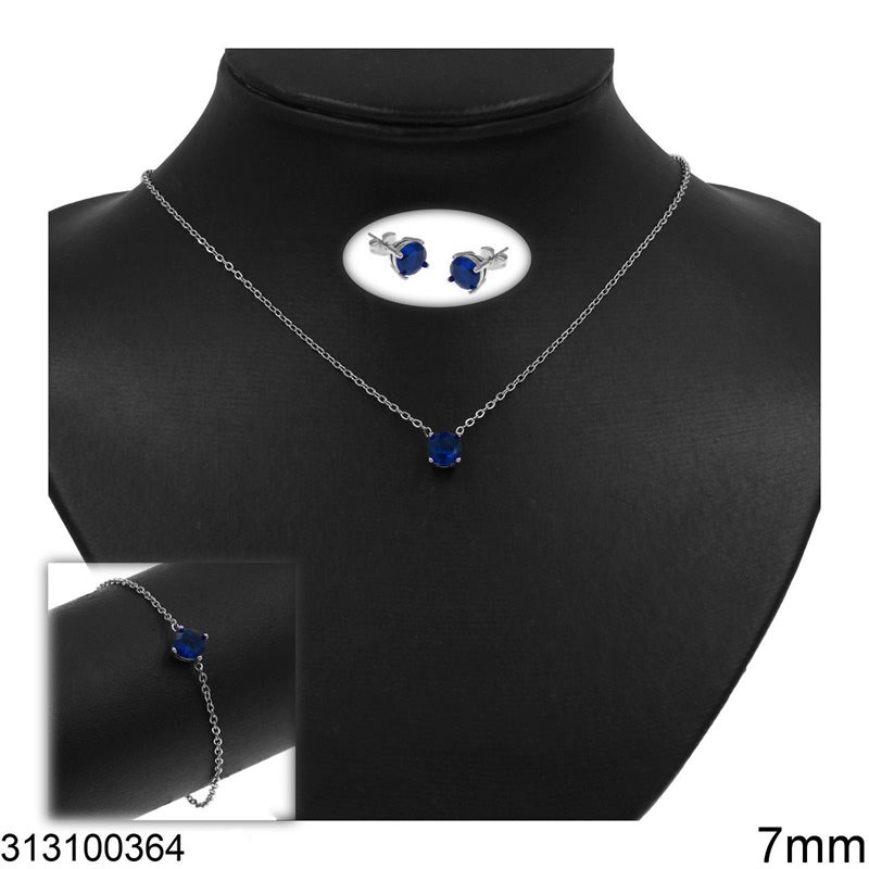 Stainless Steel Set of Necklace & Earrings with Round Stone 6-7mm