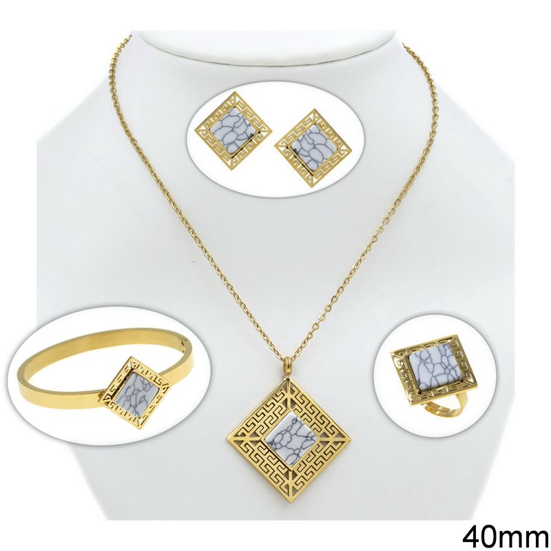 Stainless Steel Set of Necklace with Rhombus Meander Pendant 40mm, Stud Earrings, Bracelet & Ring 28mm