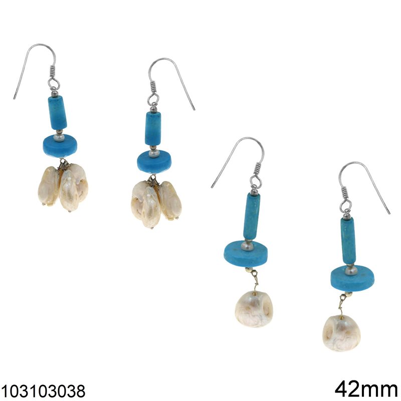 Silver 925 Earrings with Hanging Turquoise Rodelle and Freshwater Pearl 42-45mm