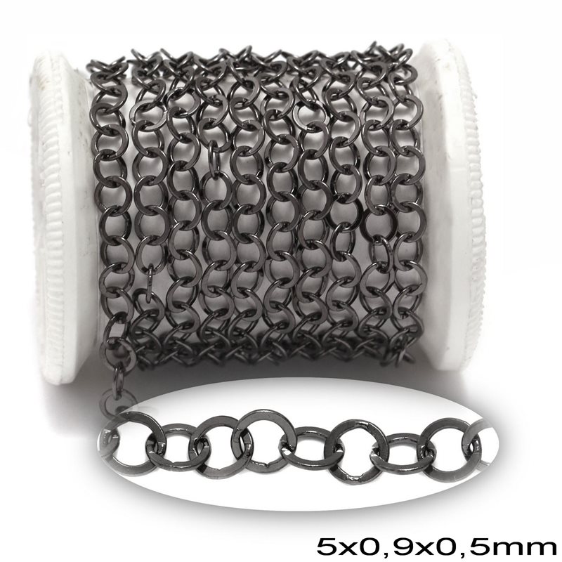 Brass Round Link Chain Flat Wire Soldered 5x0.9x0.5mm, Black Nickel Color NF