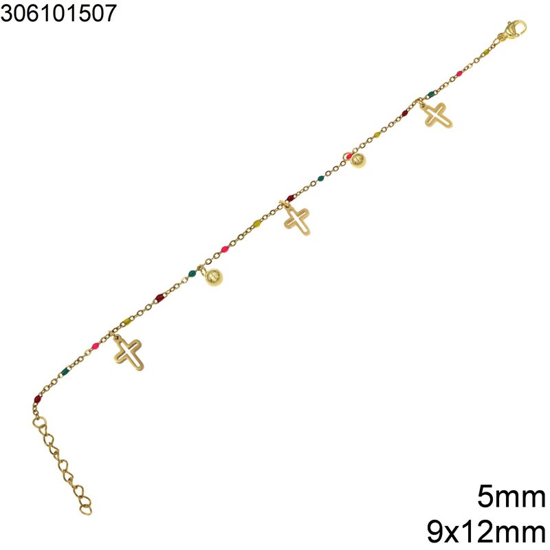 Βραχιόλι Ατσάλινο με Σταυρούς 9x12mm και Μπίλιες 5mm, Χρυσό