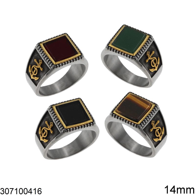 Stainless Steel Male Ring with Square Stone and Anchor 14mm