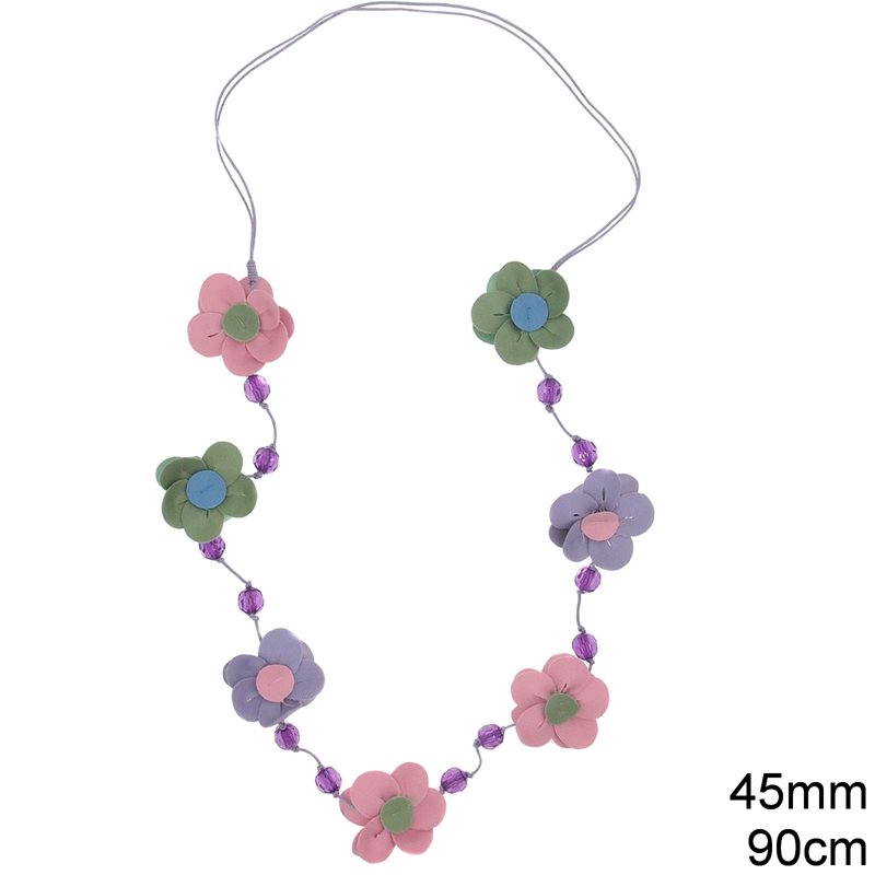 Necklace with Imitation Leather Flowers 45mm & Beads 90cm