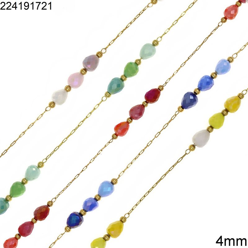 Stainless Steel Chain with Pearshape Faceted Glass Beads 4mm