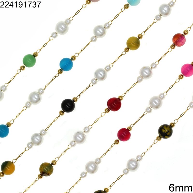 Stainless Steel Chain with Round Beads 6mm & Pearls 3-6mm