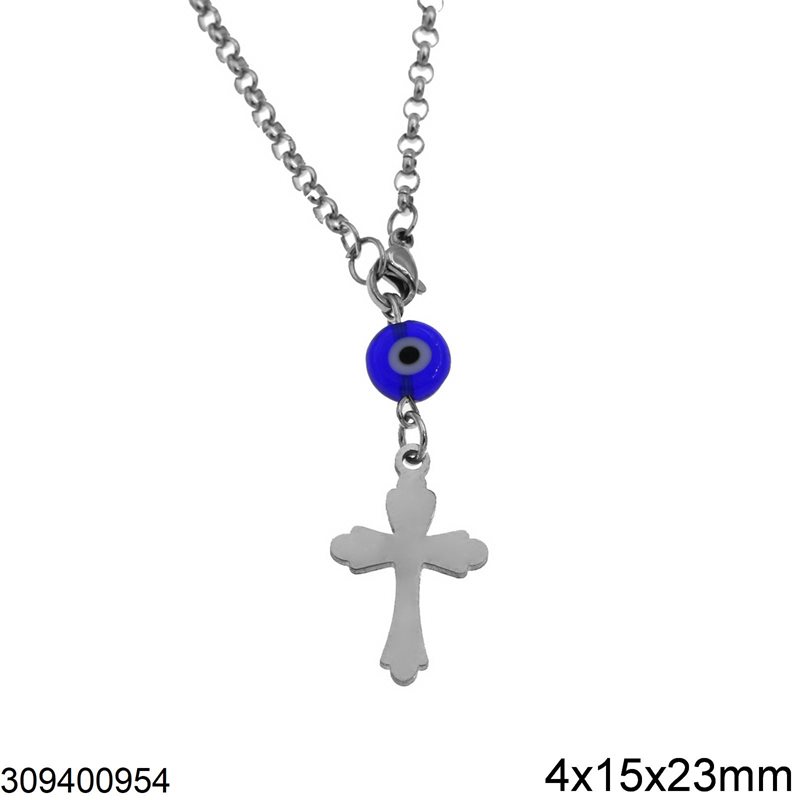 Stainless Steel Car Amulet Cross 4x15x23mm with Evil Eye,12-14cm
