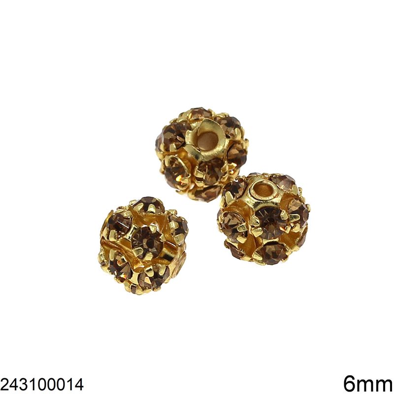 Brass Bead with Rhinestones 6mm, Gold Plated