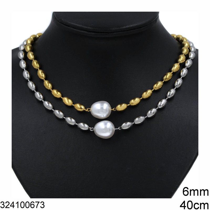 Stainless Steel Oval Ball Chain Necklace with Acrylic Pearl