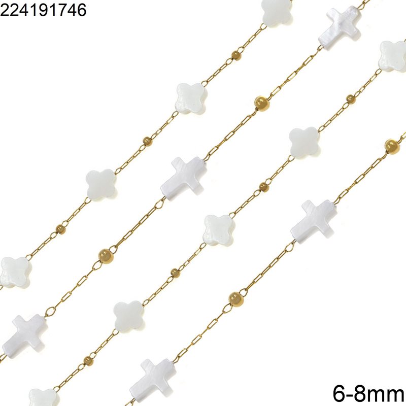 Stainless Steel Chain with Shell Cross 6-8mm and Round Beads