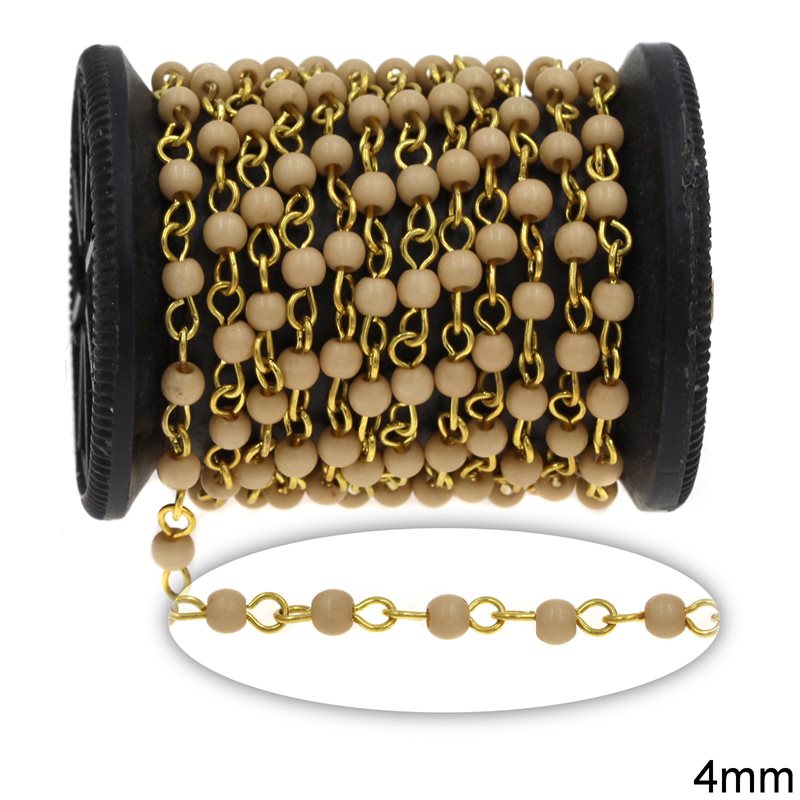 Brass Chain with Plastic Round Beads 4mm, Beige Gold plated NF