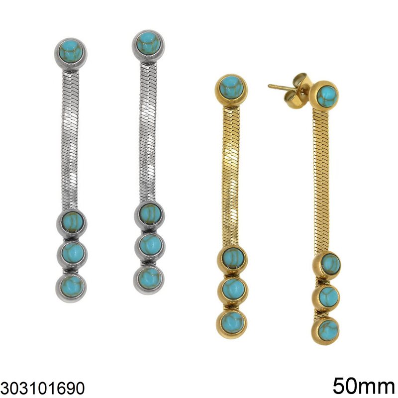 Stainless Steel Stud Earrings Herringbone Chain with Semi Precious Stones 50mm