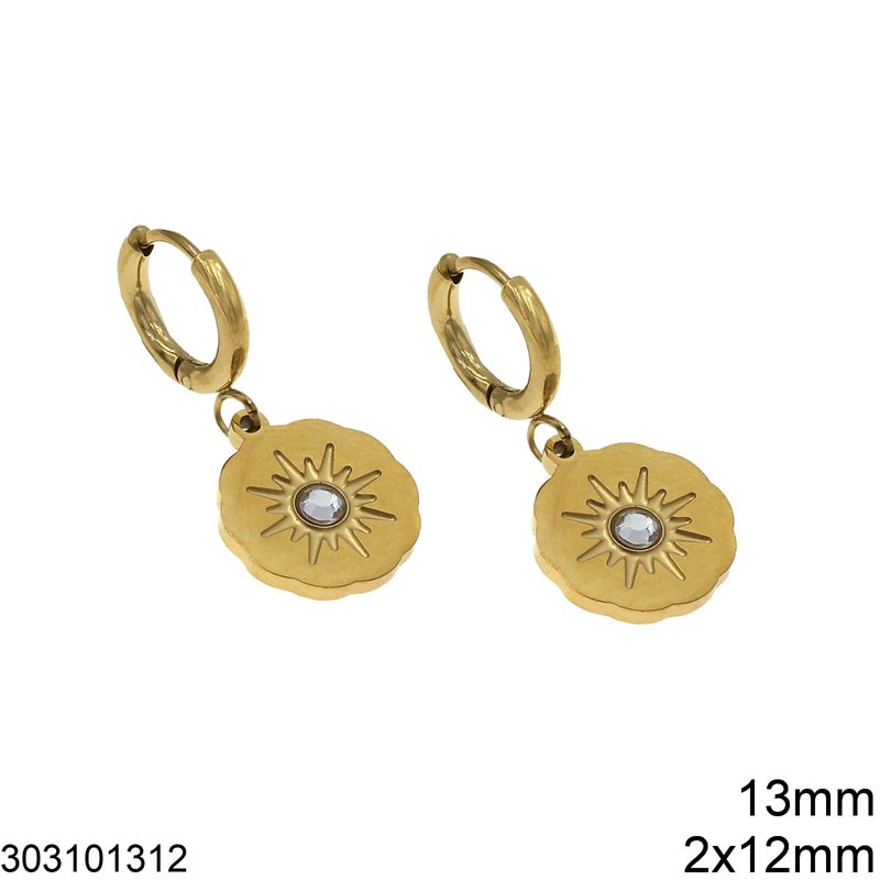Σκουλαρίκι Ατσάλινο Κρίκος 2x12mm Κρεμαστή Στρογγυλή Πλάκα με Ήλιο και Ζιργκόν 13mm, Χρυσό