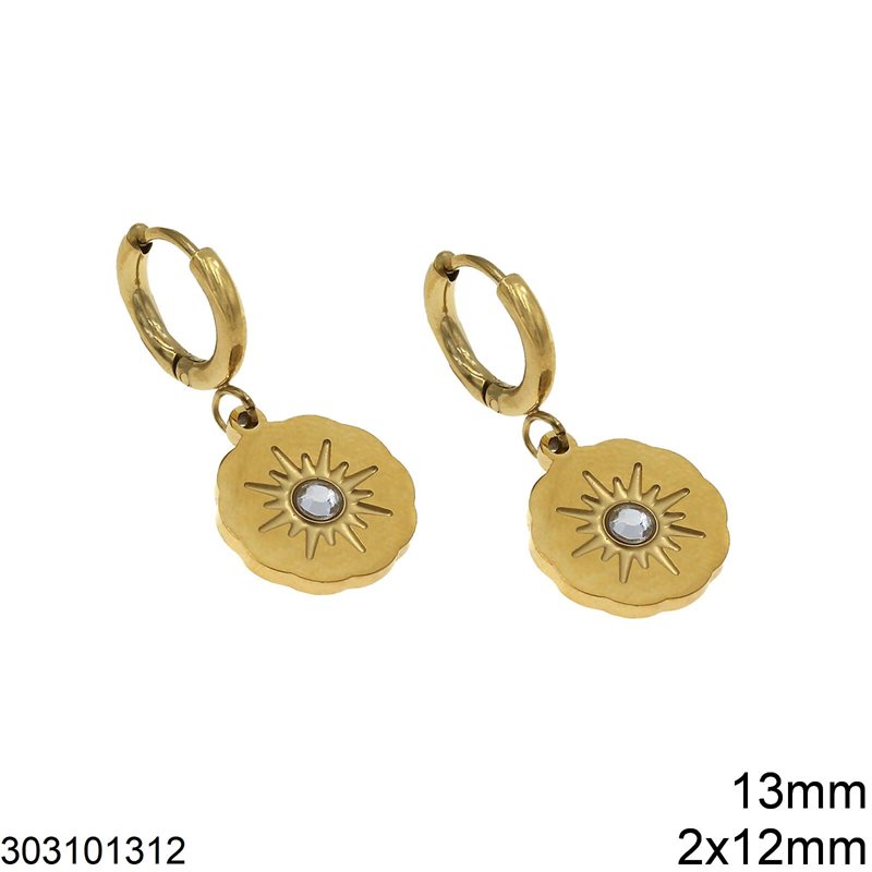 Stainless Steel Hoop Earrings Hanging Round Plates with Sun and Zircon 13mm, Gold