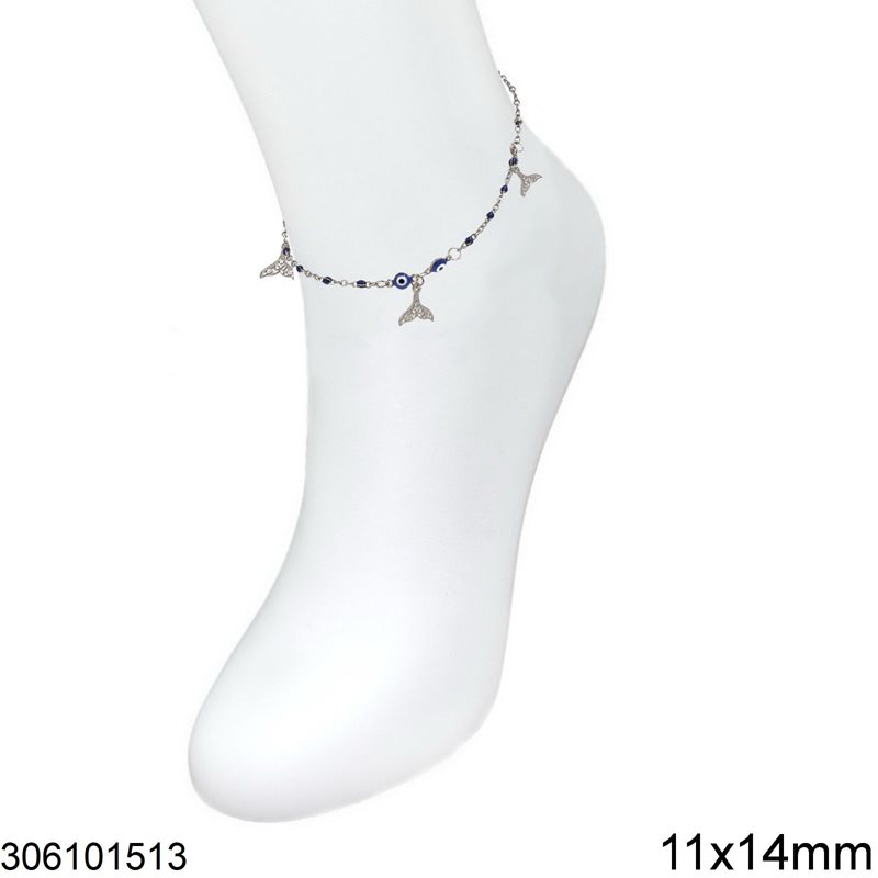 Stainless Steel Anklet with Evil Eye and Hanging Whale Tail 11x14mm