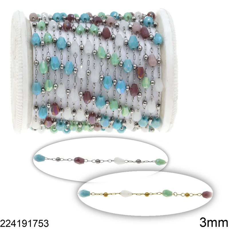 Stainless Steel Chain with Glass Pearshape Faceted Bead 3mm and Round Bead