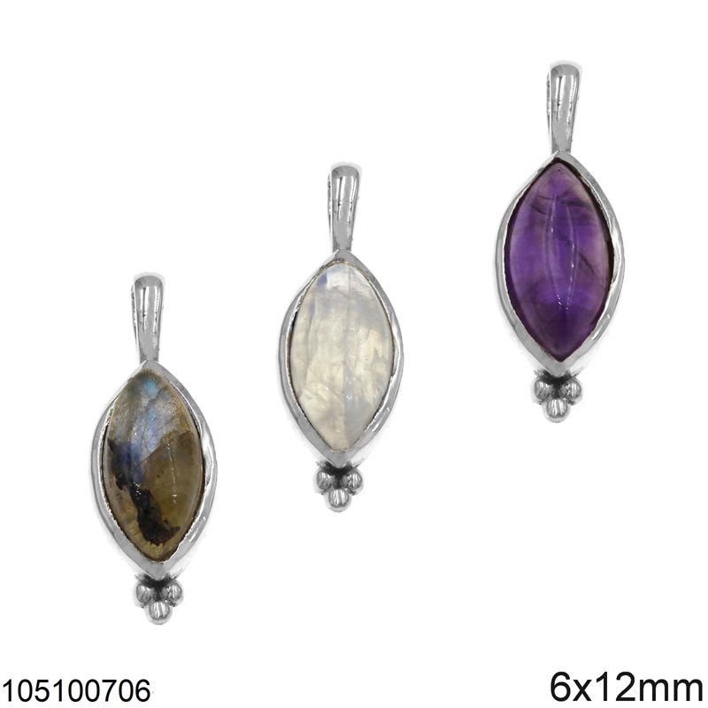 Silver 925 Navette Pendant with Semi Precious Stones 6x12mm