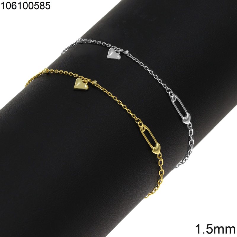 Silver 925 Bracelet Chain 1.5mm with Safety Pin and Heart 