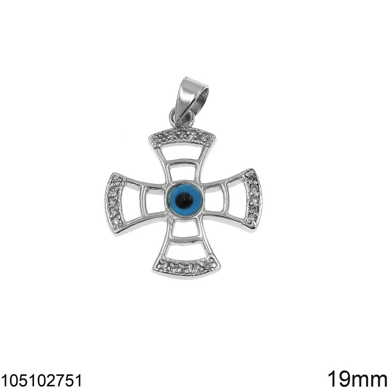 Silver 925 Pendant Cross with Zircon and Evil Eye 19mm