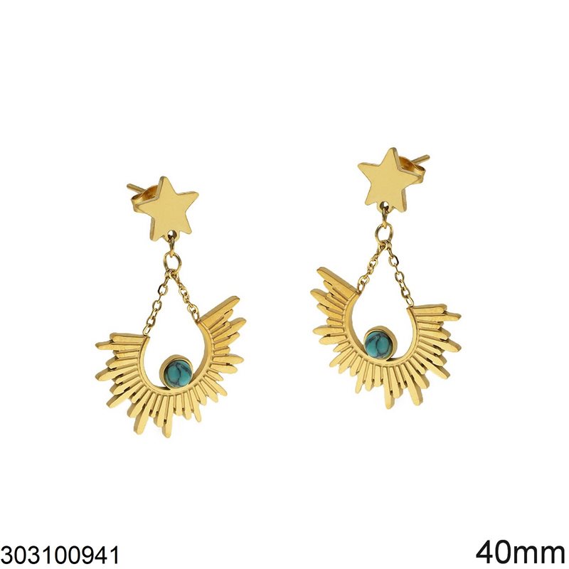 Stainless Steel Stud Earrings Star 9mm with Hanging Sun 20mm with Turquoise Stone, Gold 