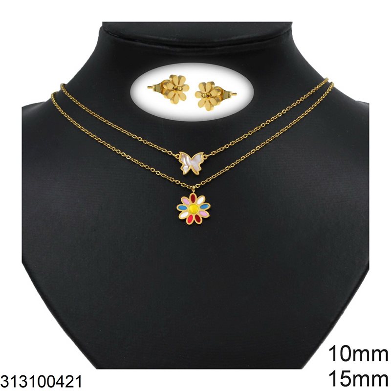 Stainless Steel Set of Necklace Daisy with Enamel 15mm and Butterfly 10mm & Stud Earrings Daisy 8mm, Gold