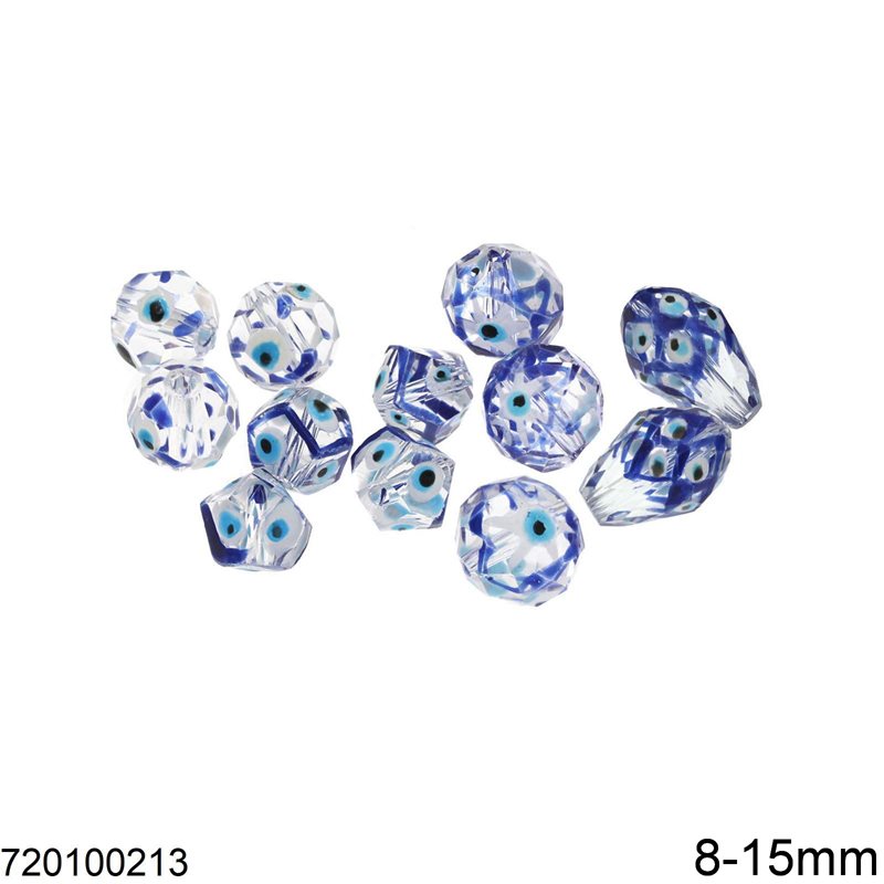 Glass Faceted Bead with Evil Eyes 8-15mm 