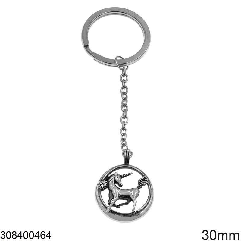 Stainless Steel Keychain Unicorn 30mm, Oxidised