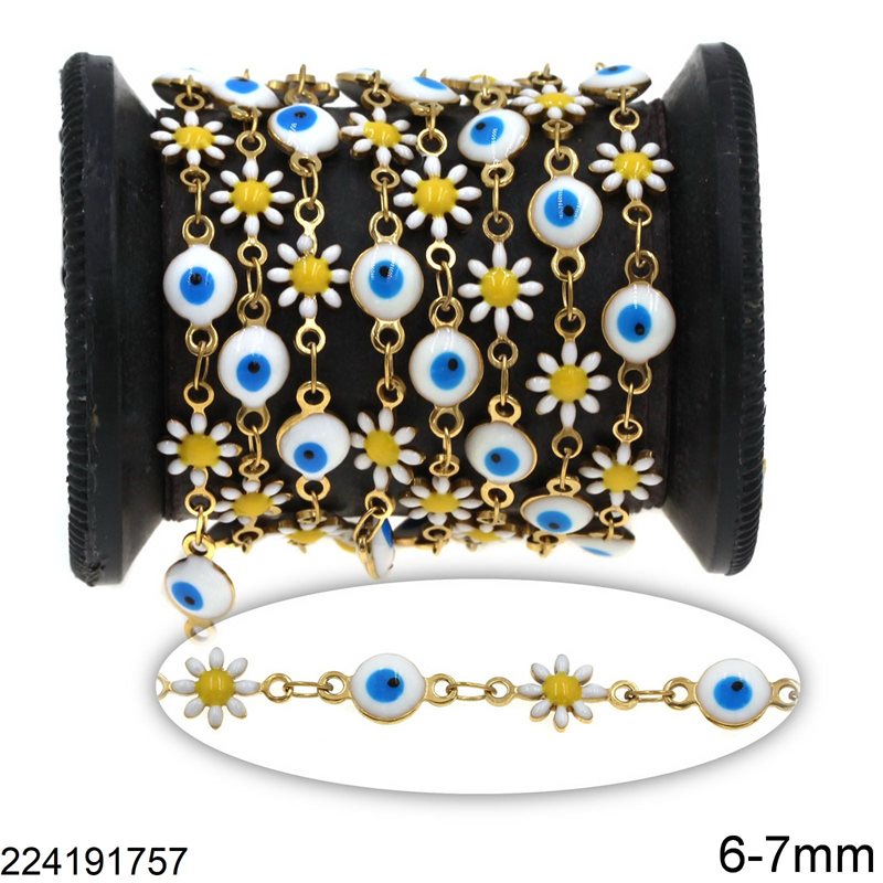 Stainless Steel Chain Flower 7mm & Evil Eye Spacer 6mm with Enamel
