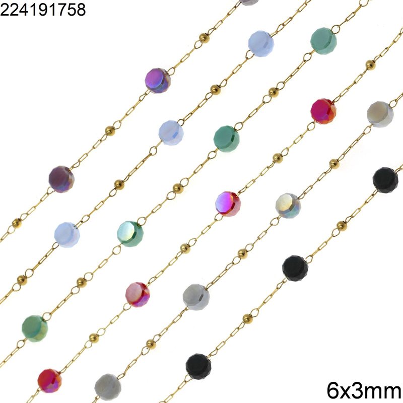 Stainless Steel Chain with Glass Flat Round Bead 6x3mm