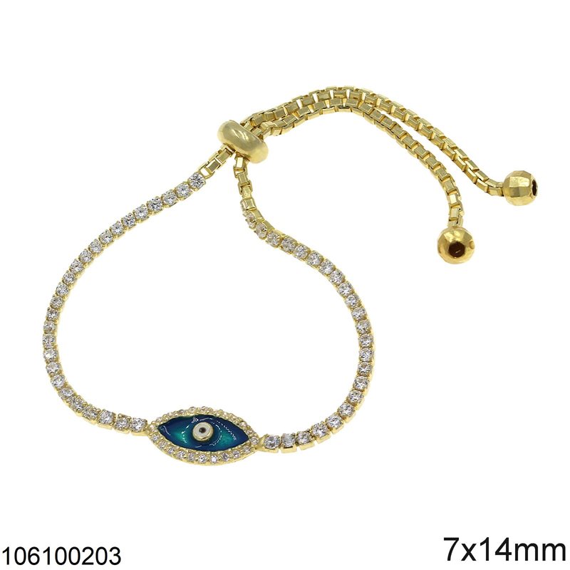 Silver 925 Bracelet Riviera with Zircon and Evil Eye with Enamel 7x14mm, Gold Plated