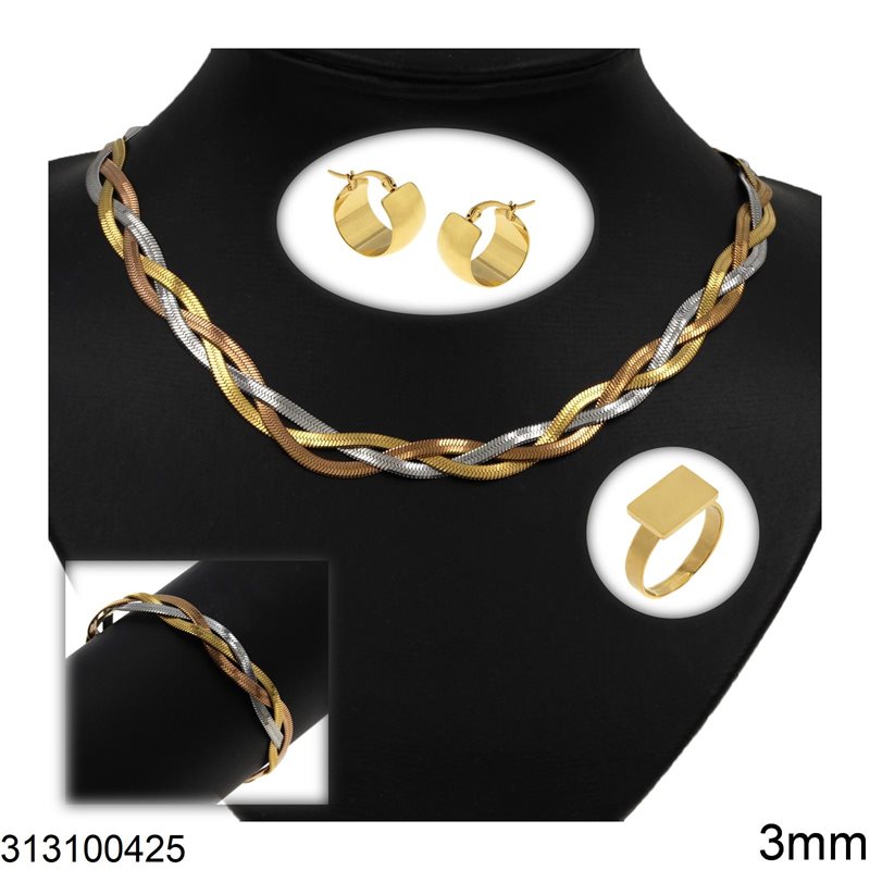 Stainless Steel Set of Necklace & Bracelet Herringbone Chain 3mm, Earrings Bold Shine Finish 18mm & Ring with Plate 8x12mm, Gold
