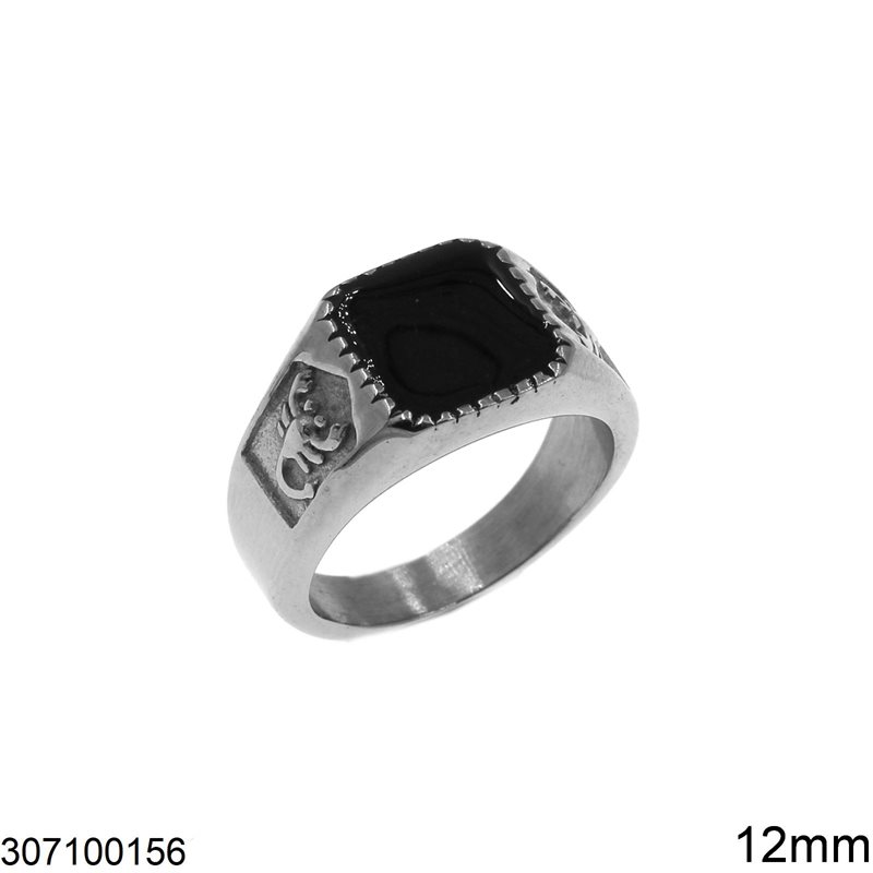 Δαχτυλίδι Ανδρικό Ατσάλινο με Τετράγωνη Μάυρη Πέτρα 12mm