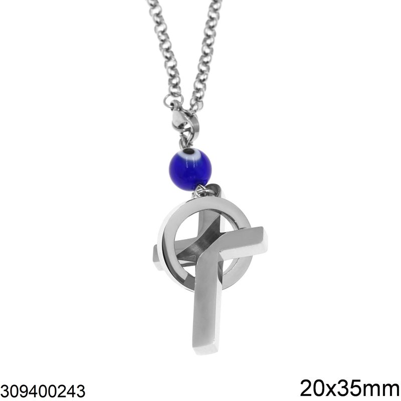 Stainless Steel Car Amulet Cross with Hoop 20x35mm and Evil Eye