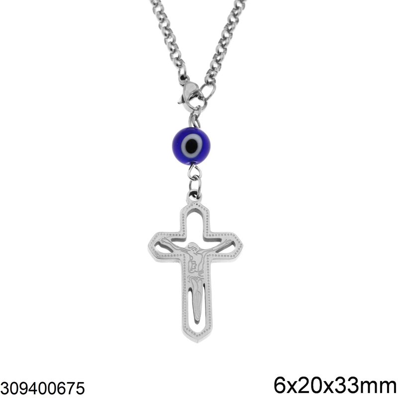 Stainless Steel Pendant Cross with Jesus 6x20x33mm and Evil Eye