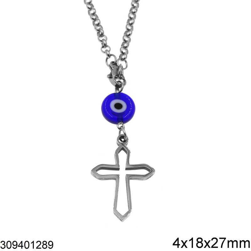 Stainless Steel Pendant Outline Cross 4x18x27mm and Evil Eye