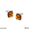 Silver 925 Stud Earrings with Square Amber Stone 10mm