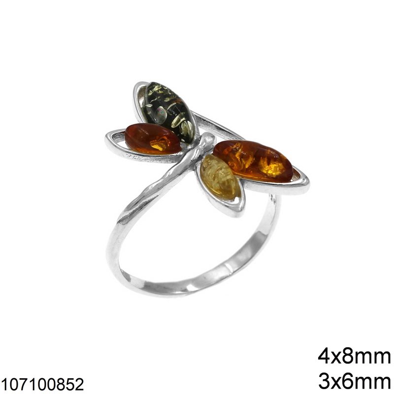 Silver 925 Ring Butterfly with Navette Amber Stone 4x8mm, 3x6mm