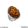 Silver 925 Ring with Oval Amber Stone 13-25mm