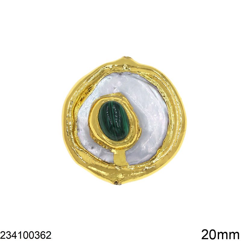 Semi Precious Round Pendant Freshwater Pearl with Malachite 20mm