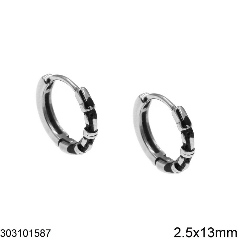 Stainless Steel Hoop Earrings 2x13mm with Oxidised Design 