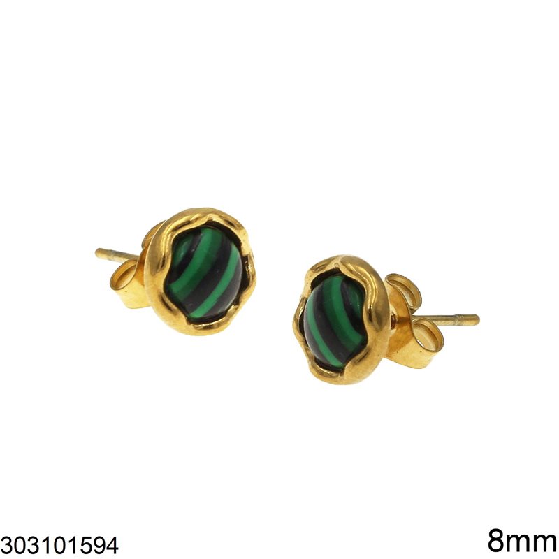 Stainless Steel Stud Earrings Curved Disk with Green Stone 8mm, Gold